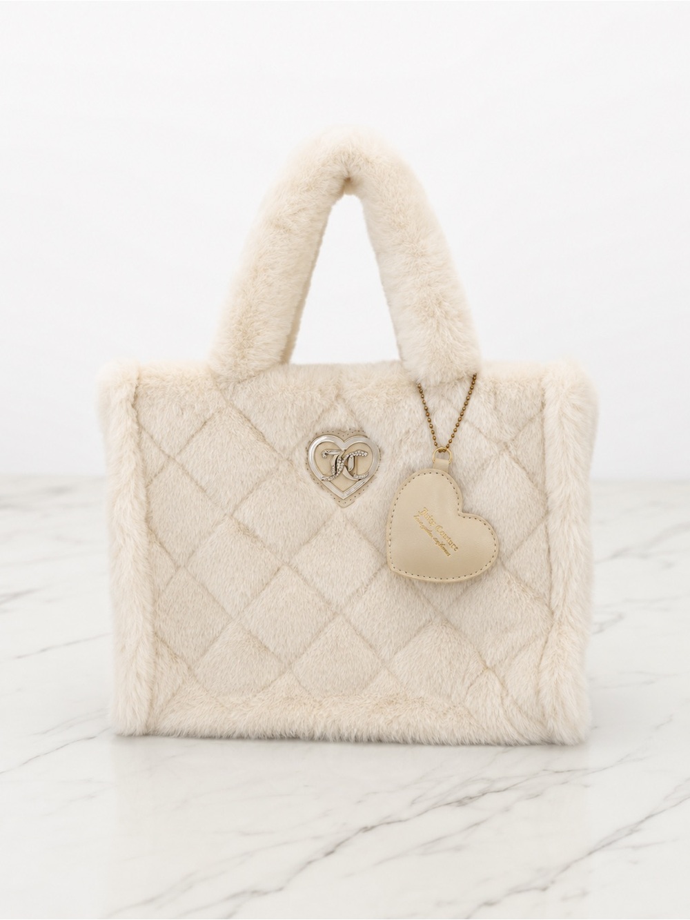 Juicy Couture Cream Quilted Faux Fur Tote with Heart Charm
